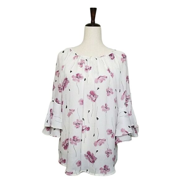 Chaps White & Pink Floral 3/4 Ruffle Sleeve Keyhole Chiffon Blouse Size M - Picture 1 of 6